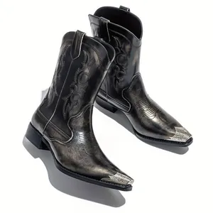 Vintage zwarte cowboylaarzen voor heren met borduursel en metalen teenbeschermers