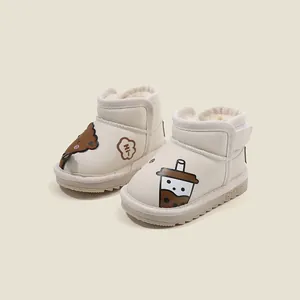 Cozy cream toddler snow boots with cute cartoon bear and bubble tea patches.