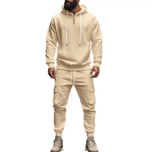 Premium Herren Fleece-Trainingsanzug in Beige mit Kapuzenpullover und Cargo-Jogginghose