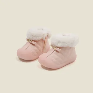 Warm pink winter toddler snow boots with faux fur collar and soft anti-slip walking soles