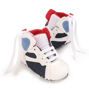 High-top breathable mesh casual baby walking shoes with soft soles in white blue and red