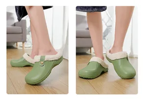 Green fleece-lined winter clogs with warm plush interior and waterproof EVA upper.