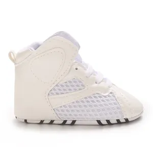 Breathable white mesh high-top baby walking shoes with soft soles for infants 0-1