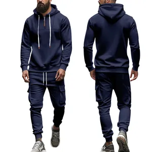 Herren-Trainingsanzug-Set aus dunkelblauem Fleece mit Kapuzenpullover und Cargo-Jogginghose