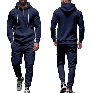 Herren Trainingsanzug in Marineblau mit Fleece-Hoodie und Cargo-Hose für den Winter