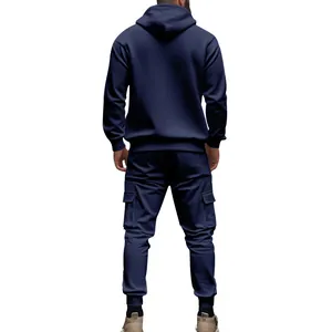 Rückansicht des dunkelblauen Herren-Fleece-Trainingsanzugs mit Kapuze und Hose