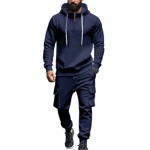 Herren Navy Blau Winter Fleece Kapuzenpullover und Cargo-Jogginghose Trainingsanzug Set.