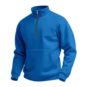 Sweat-shirt gaufré bleu pour homme avec col montant zippé et grande poche kangourou