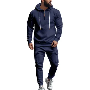 Marineblauer Herren-Fleece-Kapuzenpullover und passende Cargo-Jogginghose, Sportanzug