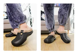 Detailaufnahme von schwarzen Winter-Clogs mit warmem Pelzfutter in gemütlichem Ambiente