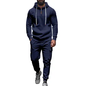 Full view of men's navy blue fleece tracksuit including hoodie and cargo pants