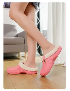 Cozy pink winter clogs with warm white fleece lining for indoor home comfort usage