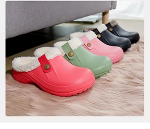 Selection of colorful winter warm fleece-lined clog slippers for men and women