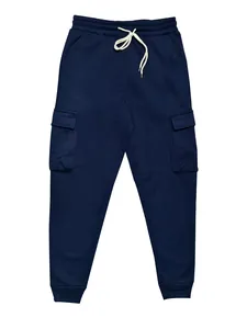 Detailansicht der dunkelblauen Herren-Cargohose mit weißem Kordelzug und Seitentaschen