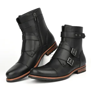 Men's Retro Martin Boots With Side Zipper Metal Buckle Low Heel PU Leather Solid Color Simple Casual Cowboy Footwear For Daily Wear