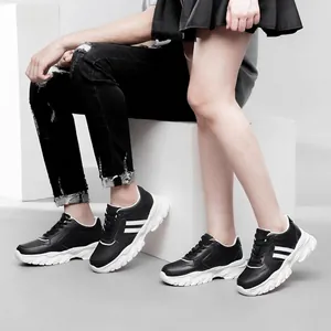 Black and white couple platform sneakers with 6cm hidden height increase for men and women