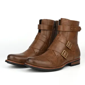 Detailed side view of vintage brown men's boots with triple buckle straps and zipper.