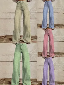 Vaqueros de Mujer Retro a Rayas Verticales de Pierna Ancha Cintura Alta Sueltos Rectos Pantalones de Mezclilla de Algodón