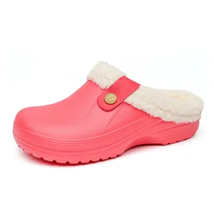 Pink winter warm clogs featuring white plush fleece lining for cozy indoor home use