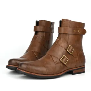 Detailed view of brown men's retro boots featuring metal buckles and side zipper