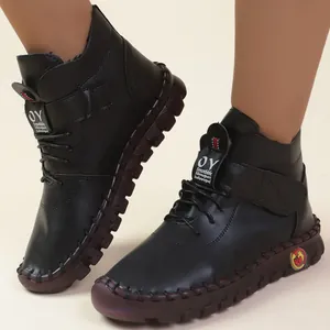 Dames Grote Maten Winter Enkellaarsjes Ronde Neus Veter Klittenband Thermische Pluche Voering PU Leer Warme Sneeuwlaarzen Antislip Schoenen