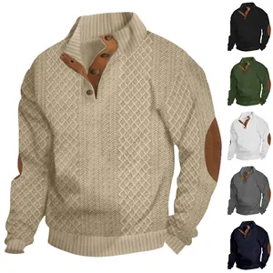 Detailed view of men's cable knit sweatshirt showing stand collar and color options