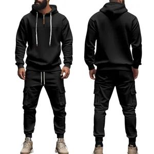 Schwarzer Trainingsanzug für Herren mit Vorder- und Rückansicht von Hoodie und Hose.