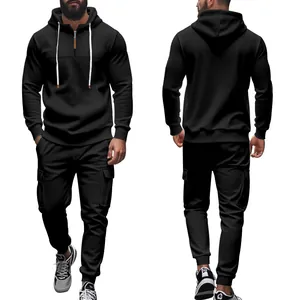 Detaillierte Vorder- und Rückansicht eines schwarzen Herren-Trainingsanzugs mit Kapuzenpullover
