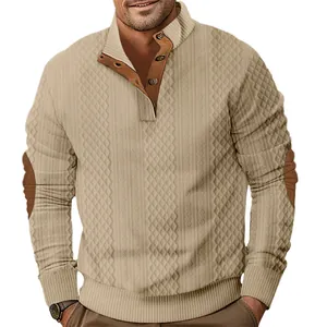 Close-up of men's textured jacquard knit sweatshirt with brown elbow patches detail