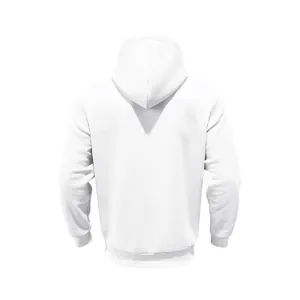 Gedetailleerd achteraanzicht van een zware witte hoodie met capuchon en fleece