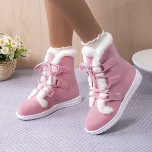 Stylish pink lace-up snow boots for women with warm white plush trim and flat sole
