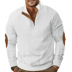 Detailed view of men's white textured sweatshirt with brown button collar and elbow patches