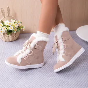 Stylish women's winter snow boots featuring white faux fur lining and adjustable lace-up straps