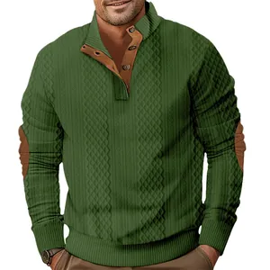 Detail of green men's sweatshirt featuring diamond jacquard texture and button placket