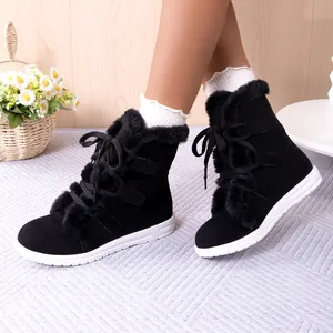 Black women's winter snow boots featuring warm fur trim and a lace-up design on a white sole