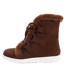 Warm brown winter snow boots for women featuring plush faux fur lining and lace-up design