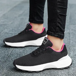 Breathable black and pink mesh sneakers for teenage girls with stylish chunky white soles