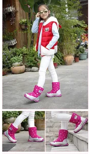 Detailed views of pink children's winter snow boots with snowflake patterns on a model