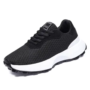 Breathable black mesh sneakers for women and teens with stylish chunky white sole