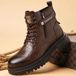 Bottines Martin Homme Style Britannique Plateforme Cuir Microfibre Bottes de Travail High-Top Semelle Caoutchouc Antidérapante Zip