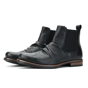 Men British Style Chelsea Boots Vintage Pleated PU Leather Ankle Boots Elastic Side Low Heel Casual Shoes