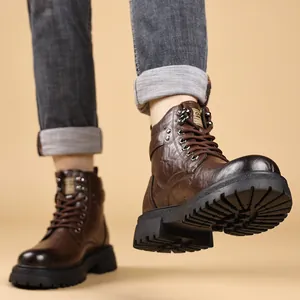 Bottines hautes en cuir marron pour hommes avec semelle plateforme antidérapante