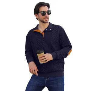 Men's navy blue jacquard knit sweatshirt featuring orange stand collar and elbow patches