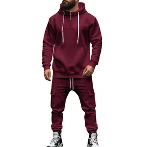 Burgunderfarbener Herren-Fleece-Trainingsanzug mit Kapuzenpullover und Cargohose