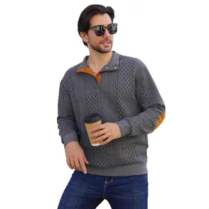 Men's casual grey jacquard knit sweatshirt with stand collar and elbow patches.