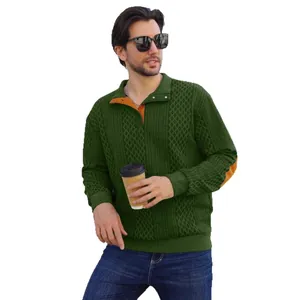 Men's dark green jacquard long sleeve knit sweatshirt with collar and elbow patches