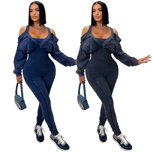 Detailed view of women's sexy off-shoulder blue corduroy bodycon jumpsuit in dark blue