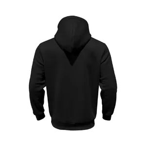 Achteraanzicht van een zware fleece gevoerde zwarte hoodie voor heren met een casual ontwerp.
