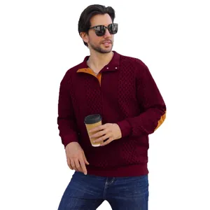 Burgundy men's stand collar knit sweater with jacquard texture and brown elbow patches