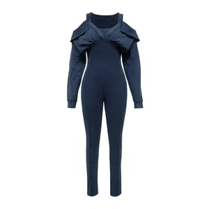 Sexy navy blue washed off-shoulder bodycon jumpsuit featuring an oversized ruffle collar